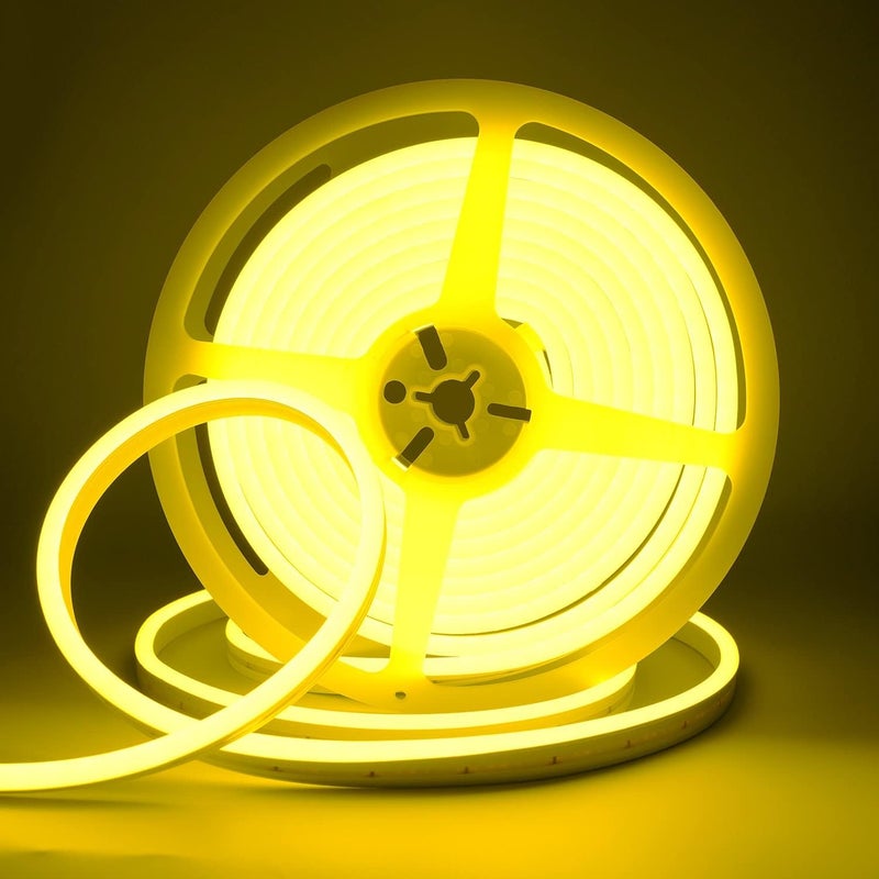 Yellow Neon LED Strip Lights, 5meters 12V DC 600 SMD2835 LEDs Waterproof Flexible Rope Light for Indoor & Outdoor Home Decoration With Power Adapter 12V