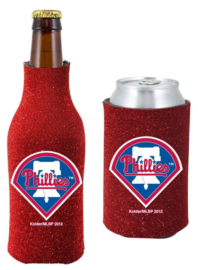 MLB Baseball Team Logo Womens Glitter Bottle & Can Cooler Set 12oz Neoprene Beverage Drink Holder Sleeve (Philadelphia Phillies)
