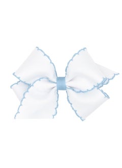 Wee Ones Wee Ones Girls' Grosgrain Hair Bow with Contrasting Moonstitch Edge and Wrap on a WeeStay Hair Clip, Small, White with Millennium Blue 