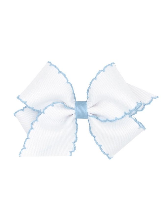 Wee Ones Wee Ones Girls' Grosgrain Hair Bow with Contrasting Moonstitch Edge and Wrap on a WeeStay Hair Clip, Small, White with Millennium Blue 