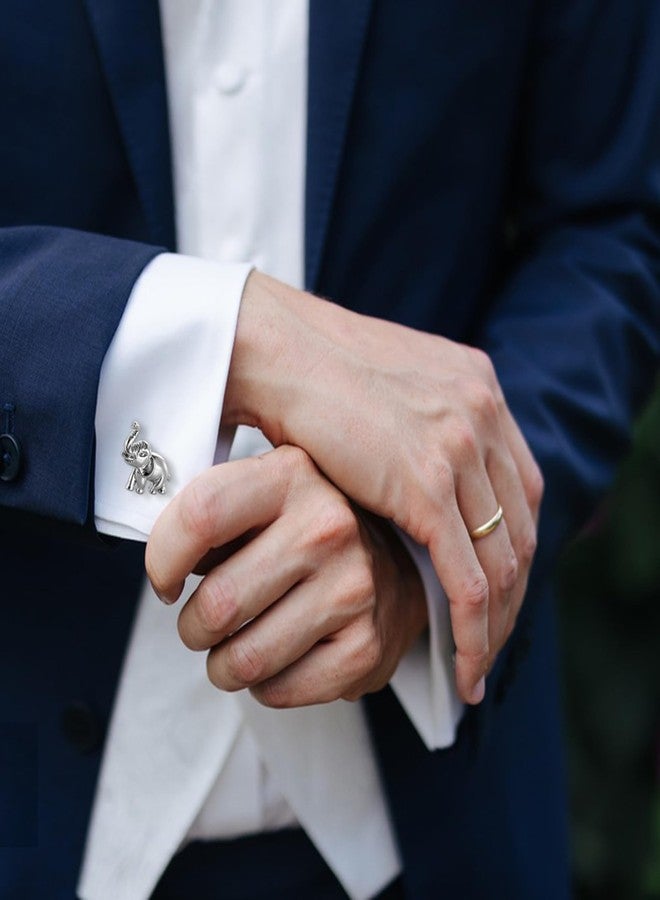 هاوسن أزرار أكمام رجالية من هاوسون بتصميم فيل سفاري، فضية اللون، إكسسوارات مستوحاة من أجواء الغابة لحفلات الزفاف في وجهات سياحية وفعاليات خيرية متعلقة بالحياة البرية. - Image 4