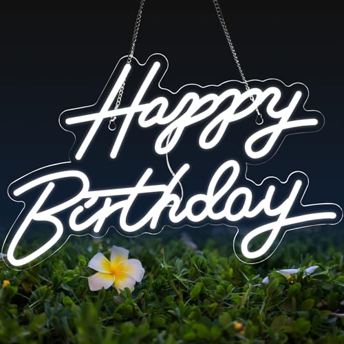 Dengduoduo Happy Birthday Neon Sign for Wall Decor, LED Happy Birthday Light Up Sign, USB Powered Dimmable Neon Light for Birthday Party Decorations Backdrop, White - Image 1
