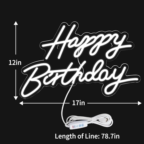 Dengduoduo Happy Birthday Neon Sign for Wall Decor, LED Happy Birthday Light Up Sign, USB Powered Dimmable Neon Light for Birthday Party Decorations Backdrop, White - Image 2