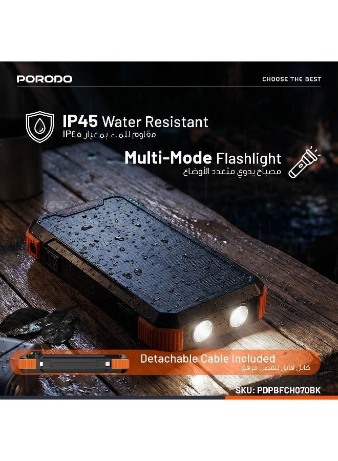 بورودو باور بانك شمسي 20000mAh بأربعة ألواح مع شاحن سريع PD بقدرة 20 واط، باور بانك مع ألواح قابلة للفصل وكابل مدمج، شحن يدوي بواسطة رافعة يدوية، مصباح يدوي متعدد الأوضاع، مقاوم للماء بتصنيف IP45، كابلات قابلة للفصل - أسود - Image 3