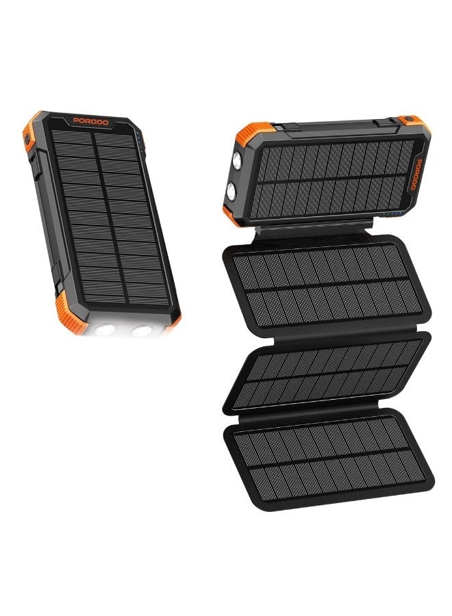 بورودو باور بانك شمسي 20000mAh بأربعة ألواح مع شاحن سريع PD بقدرة 20 واط، باور بانك مع ألواح قابلة للفصل وكابل مدمج، شحن يدوي بواسطة رافعة يدوية، مصباح يدوي متعدد الأوضاع، مقاوم للماء بتصنيف IP45، كابلات قابلة للفصل - أسود - Image 1