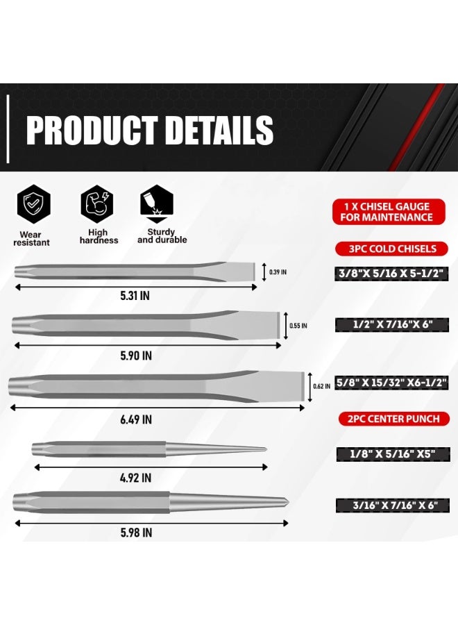 16-Piece Punch and Chisel Set With Storage Pouch, Including Taper, Cold Chisels, Pin, Center, Chrome Vanadium Steel - Image 5