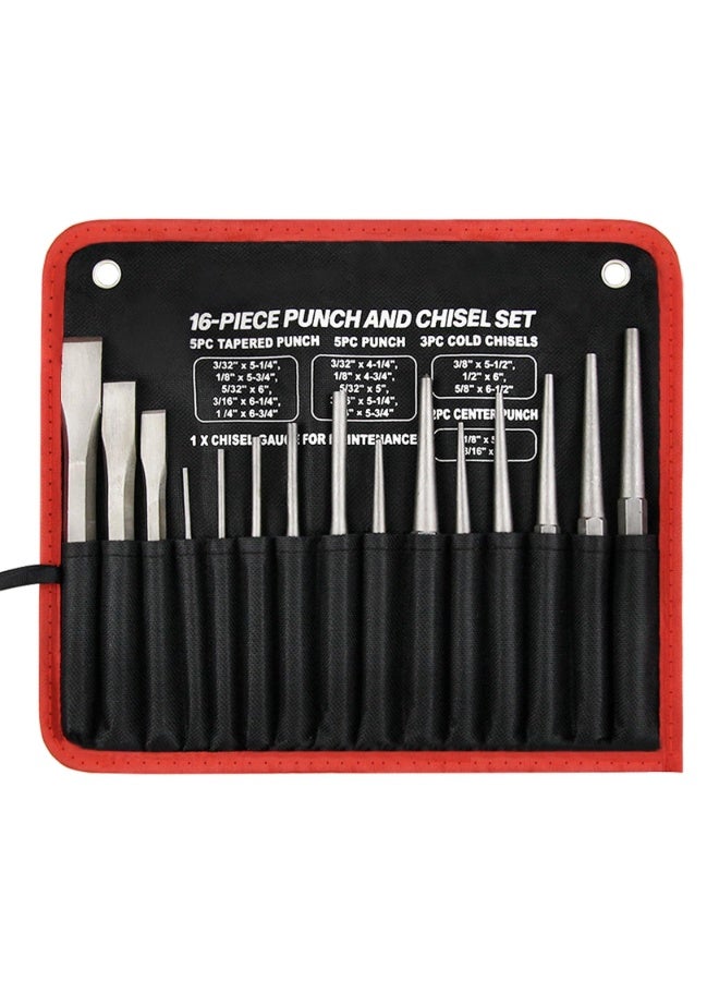 16-Piece Punch and Chisel Set With Storage Pouch, Including Taper, Cold Chisels, Pin, Center, Chrome Vanadium Steel - Image 1
