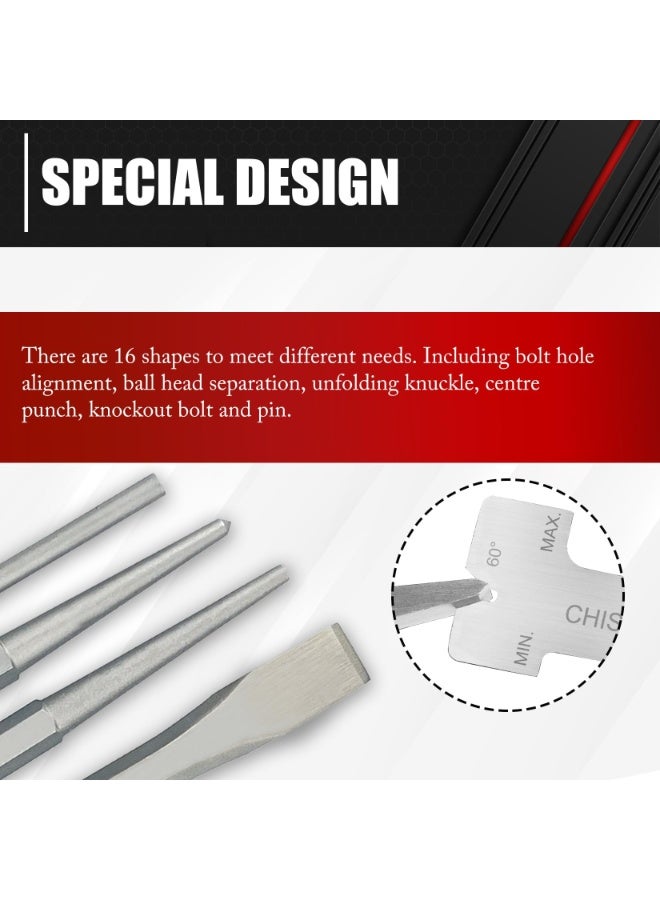 16-Piece Punch and Chisel Set With Storage Pouch, Including Taper, Cold Chisels, Pin, Center, Chrome Vanadium Steel - Image 3