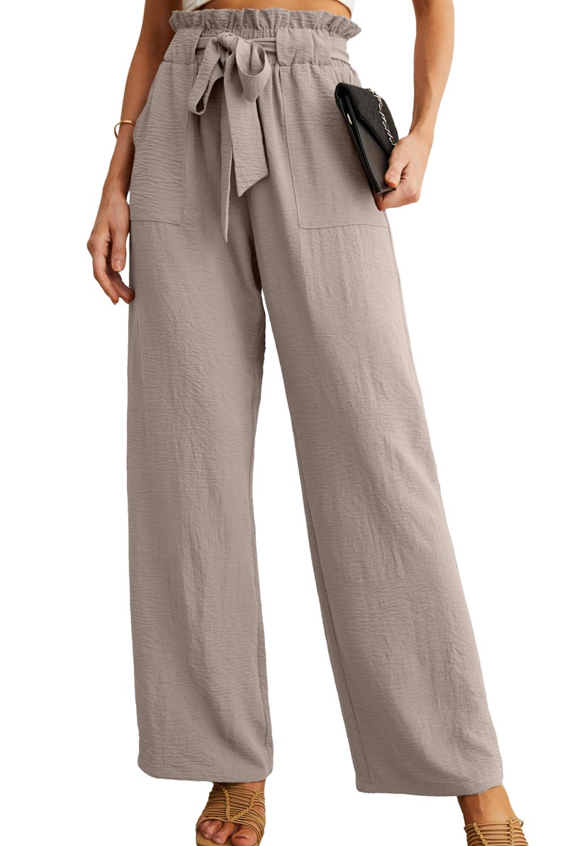 IWOLLENCE Women's Wide Leg Pants with Pockets High Waist Adjustable Knot Loose Casual Trousers Business Work Casual Pants Light Khaki Medium - Image 1