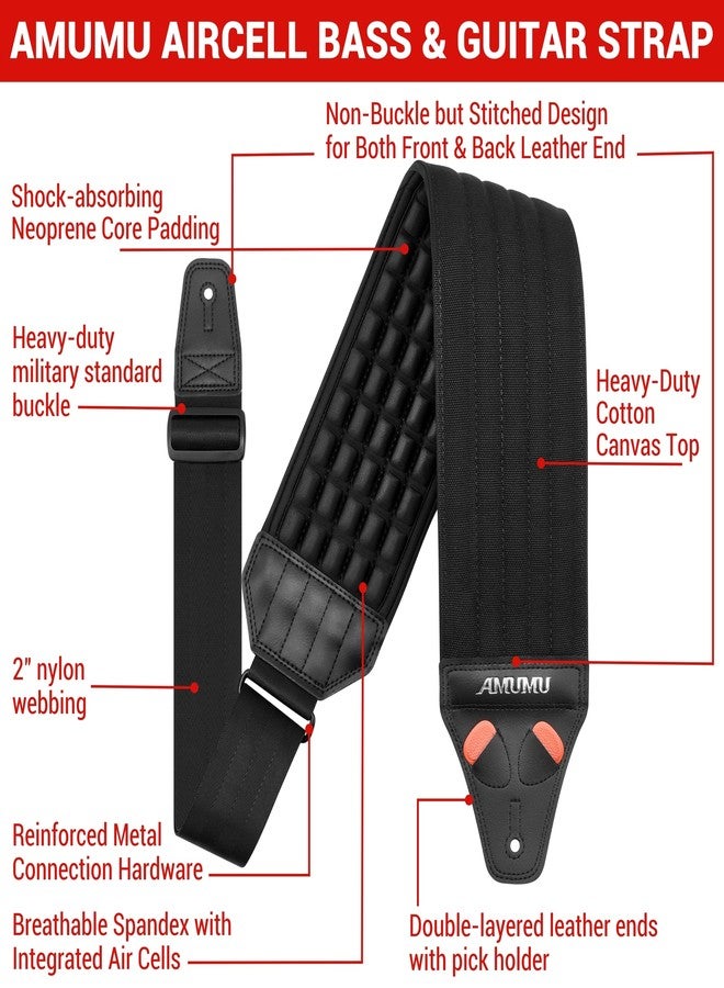 Amumu AIRAFT Bass & Guitar Strap 4" Ultra Wide - 0.7" Thick Breathable Convex 3D Air Cell Cushions - Neoprene Padding - Cotton Canvas Top - Adjustable Length 39"-45"(Short) - Image 2