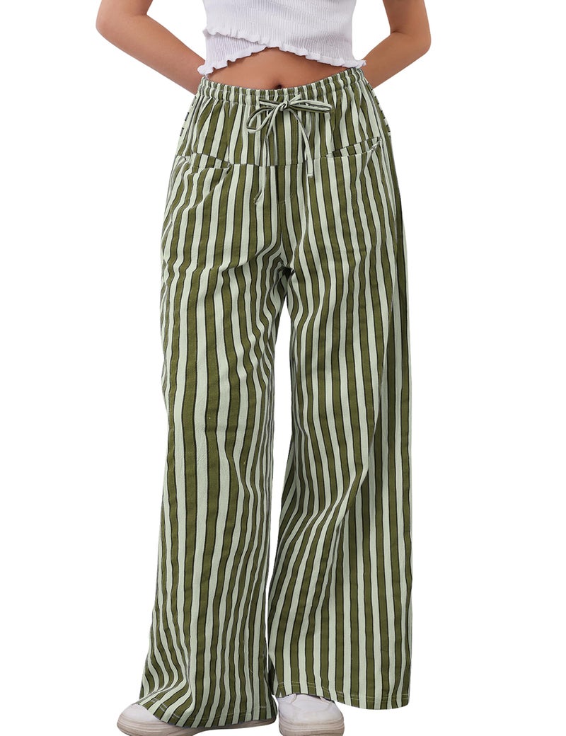 MISSACTIVER Women Drawstring Striped Pants Loose Wide Leg Trousers Casual Low Waist Pants Comfy Lounge Pants with Pockets Army Green - Image 1