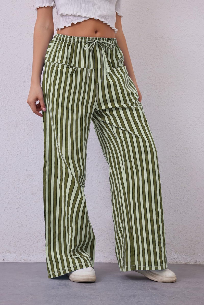 MISSACTIVER Women Drawstring Striped Pants Loose Wide Leg Trousers Casual Low Waist Pants Comfy Lounge Pants with Pockets Army Green - Image 3