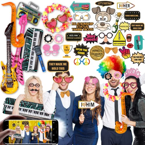 SOUL SHIFT 70 Pc Large Premium Photo Booth Props Set for All Occasions  Wedding Props Birthday Props Graduation Props Inflatables Large Glasses MultiColored Wig Hawaiian Lei Hand Pump