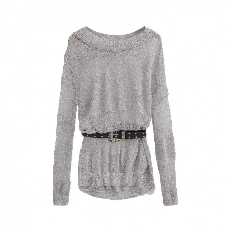 American-style European and American-style retro hollow-out ripped design thin sweater blouse lazy off-shoulder personalized sweater Gray Belt - Image 1