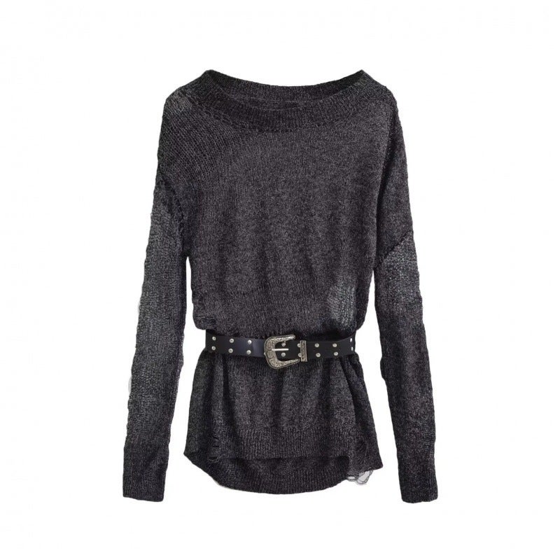 American-style European and American-style retro hollow-out ripped design thin sweater blouse lazy off-shoulder personalized sweater Gray Belt - Image 2