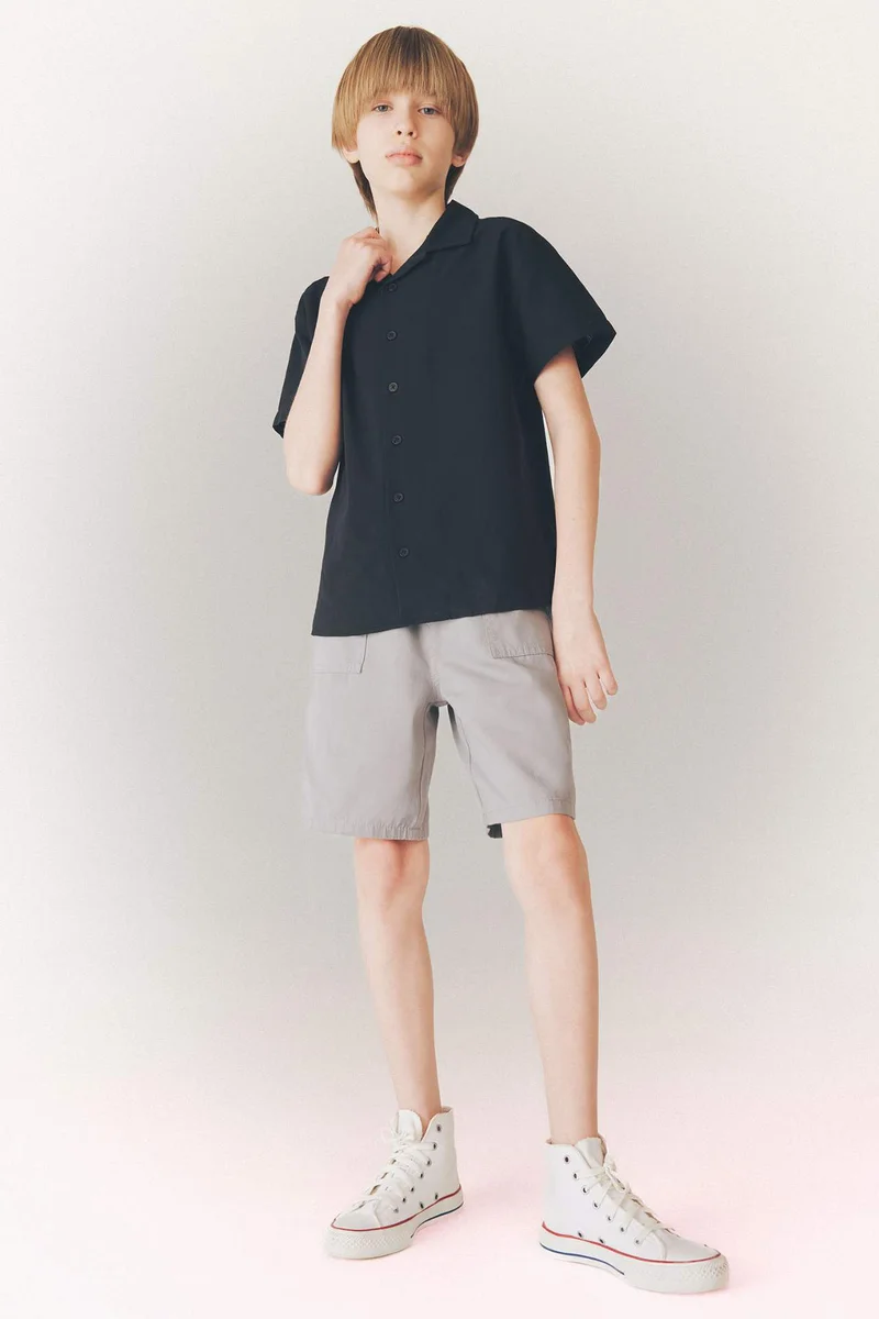 ديفاكتو Boy Oversize Fit Polo Collar Linen Look Shirt