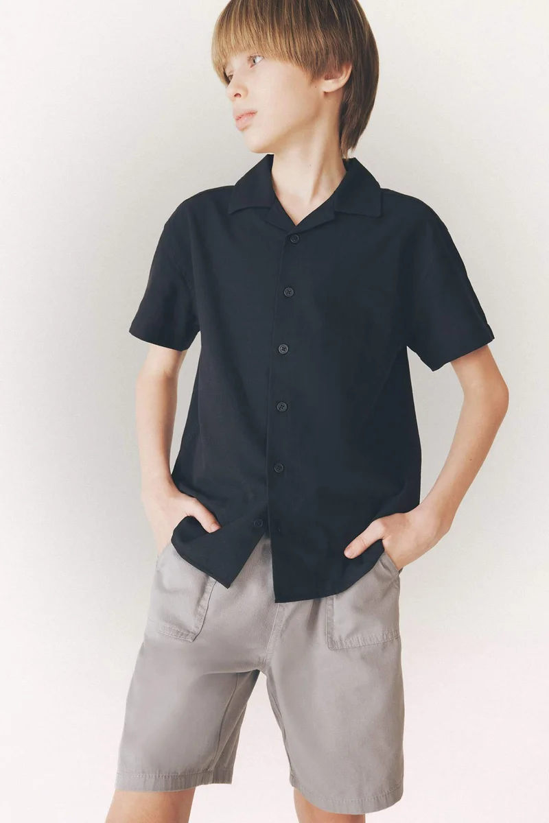 ديفاكتو Boy Oversize Fit Polo Collar Linen Look Shirt