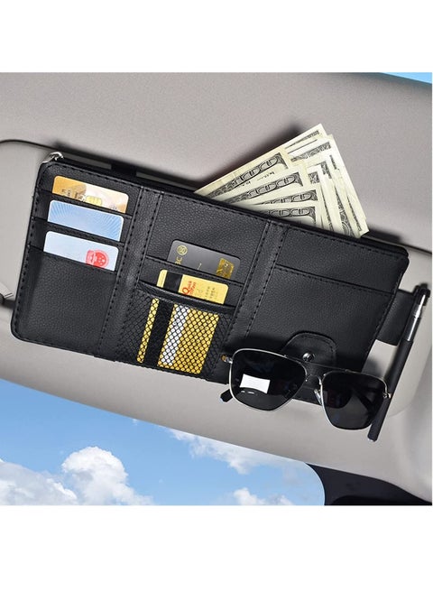 Car Sun Visor Organizer, Universal Auto Interior Accessories, PU Leather Sun Visor Storage Bag with Multi-Pocket Net Zipper for Cars Truck SUV (Black)