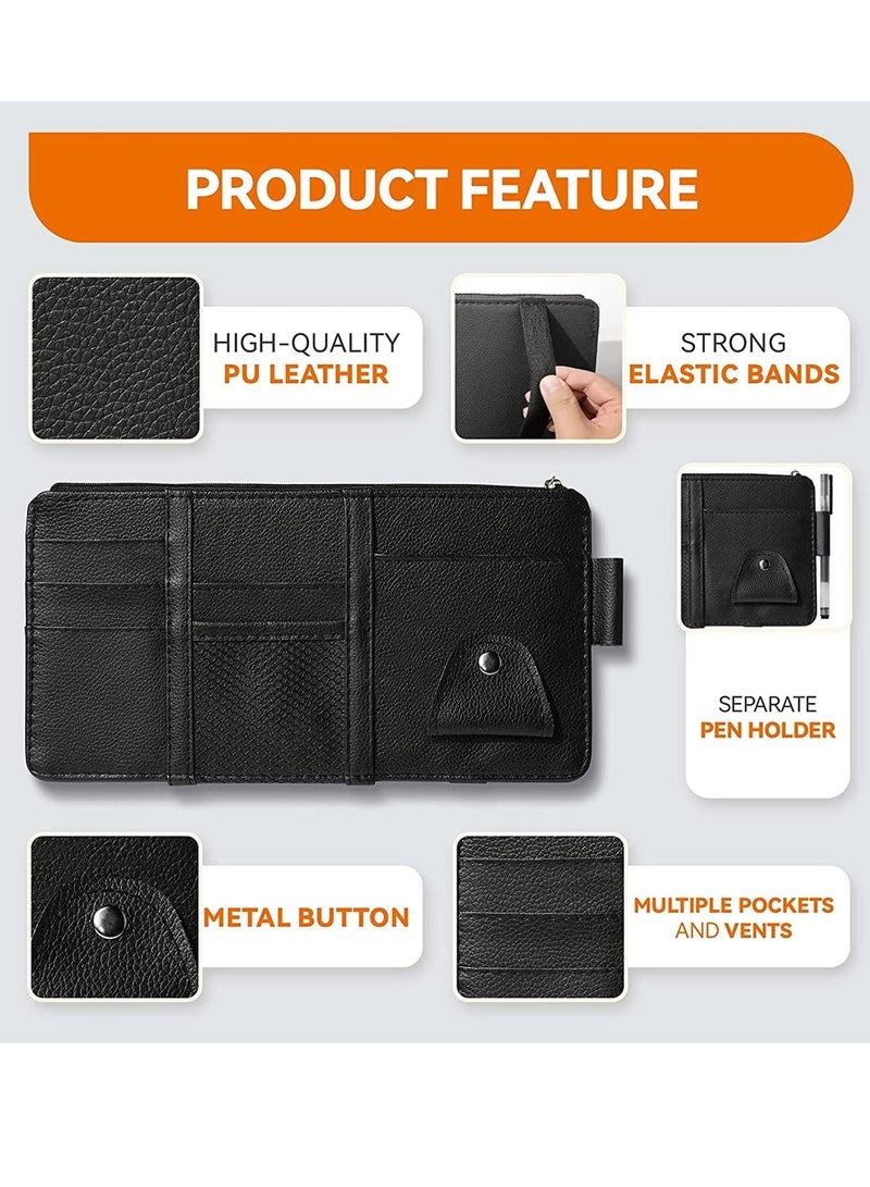 Arabest منظم حاجب الشمس للسيارة، ملحقات داخلية عالمية للسيارات، حقيبة تخزين حاجب الشمس من جلد البولي يوريثان مع سحاب شبكي متعدد الجيوب للسيارات والشاحنات SUV (أسود) - Image 2