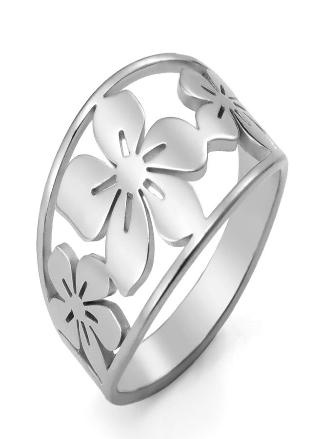 TEAMER Bohemian Hollow Flower Ring Stainless Steel Rhinestone Flower Ring Wedding Band Ring Exquisite Jewelry for Women (Silver, 10) - Image 1