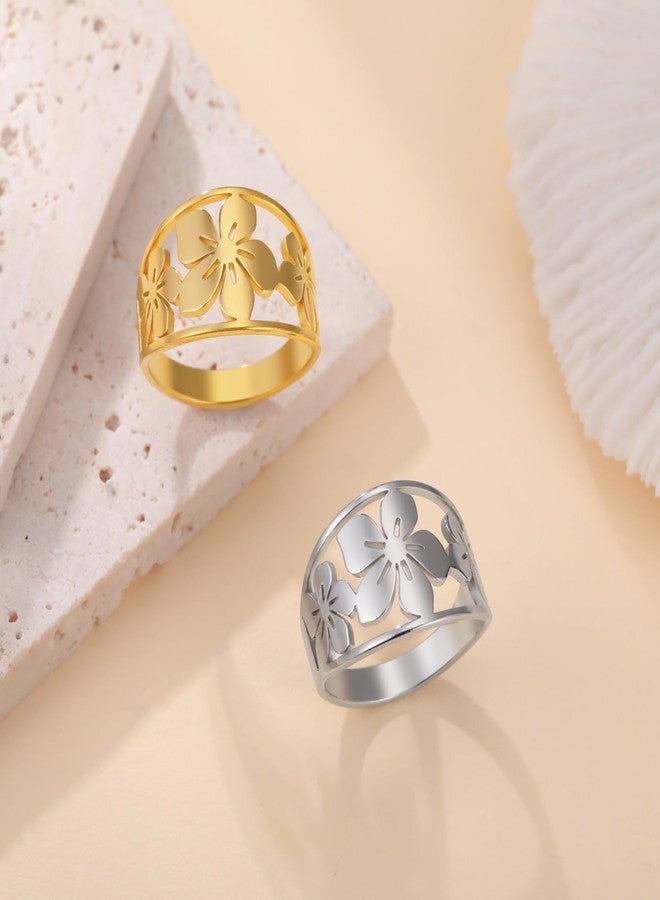 TEAMER Bohemian Hollow Flower Ring Stainless Steel Rhinestone Flower Ring Wedding Band Ring Exquisite Jewelry for Women (Silver, 10) - Image 5