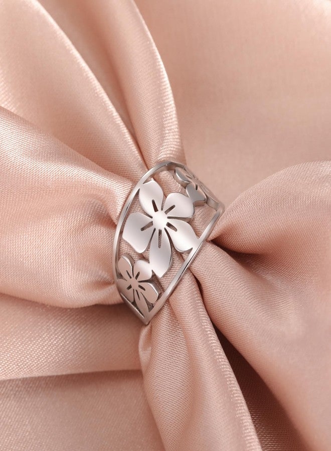 TEAMER Bohemian Hollow Flower Ring Stainless Steel Rhinestone Flower Ring Wedding Band Ring Exquisite Jewelry for Women (Silver, 10) - Image 4