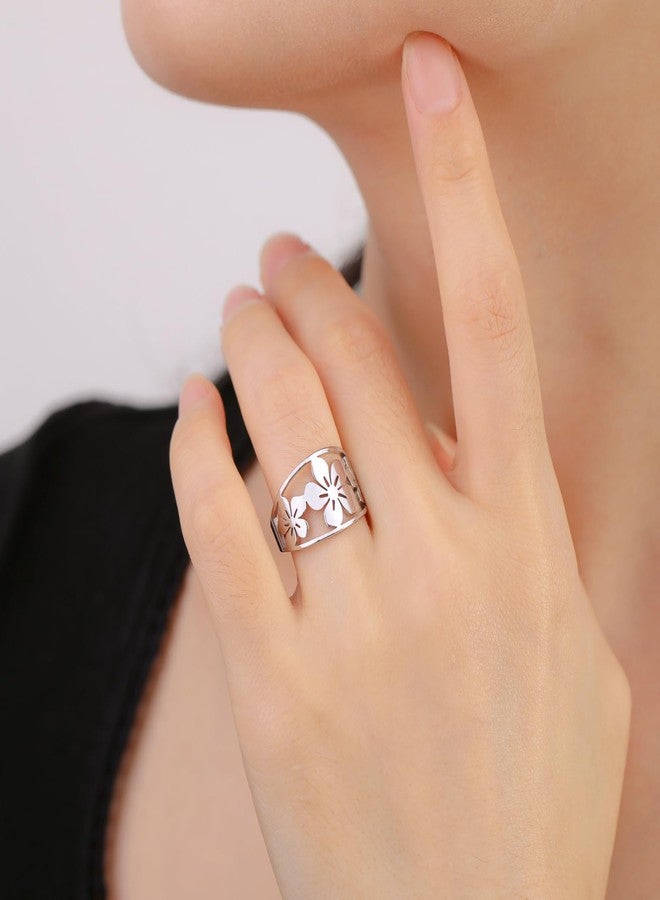 TEAMER Bohemian Hollow Flower Ring Stainless Steel Rhinestone Flower Ring Wedding Band Ring Exquisite Jewelry for Women (Silver, 10) - Image 3