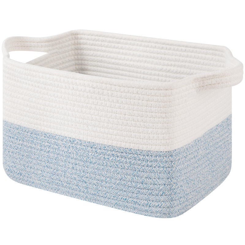 OIAHOMY Woven Storage Basket for Shelves, Rectangle Cotton Rope Baskets for Organizing, 13 x 10 x 9 in, Storage Bins for Dog Toys,Towel,Books,Gift,Blue and White - Image 1