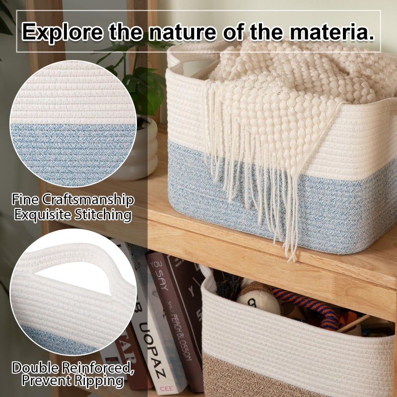 OIAHOMY Woven Storage Basket for Shelves, Rectangle Cotton Rope Baskets for Organizing, 13 x 10 x 9 in, Storage Bins for Dog Toys,Towel,Books,Gift,Blue and White - Image 5