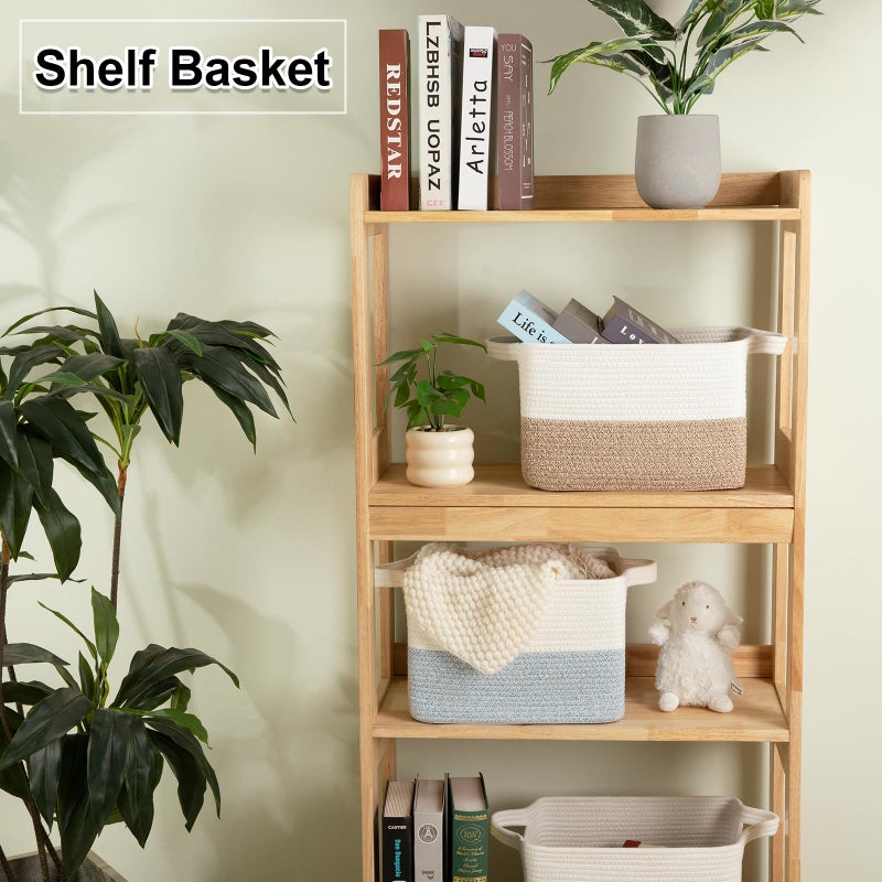 OIAHOMY Woven Storage Basket for Shelves, Rectangle Cotton Rope Baskets for Organizing, 13 x 10 x 9 in, Storage Bins for Dog Toys,Towel,Books,Gift,Blue and White - Image 2