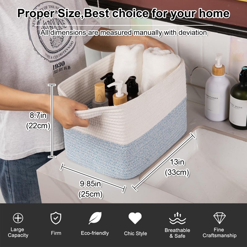 OIAHOMY Woven Storage Basket for Shelves, Rectangle Cotton Rope Baskets for Organizing, 13 x 10 x 9 in, Storage Bins for Dog Toys,Towel,Books,Gift,Blue and White - Image 3
