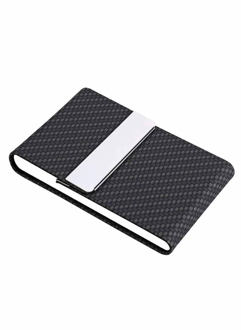 KASTWAVE حامل بطاقات العمل، للنساء والرجال، حامل بطاقات عمل احترافي من جلد PU، حامل بطاقات الاسم، محفظة بطاقات مع إغلاق مغناطيسي، نمط منسوج باللون الأسود - Image 1