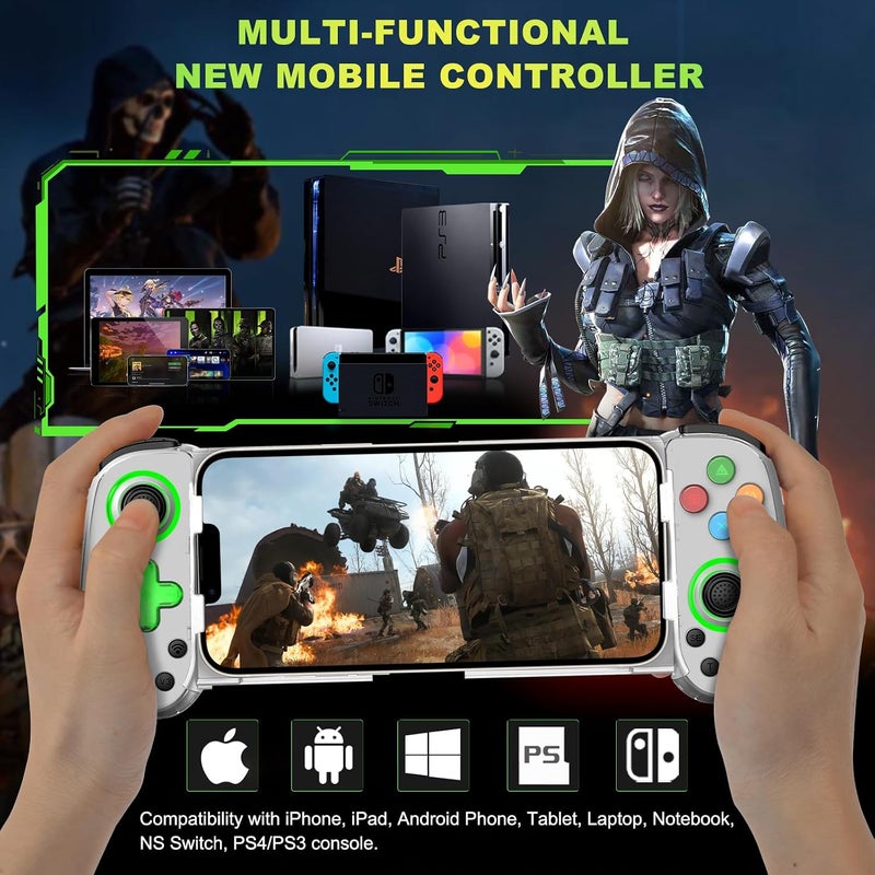 وحدة تحكم ألعاب الهاتف لأجهزة iPhone/Android/PC/Switch، لتشغيل COD وGenshin، ودعم البث على PS5/Xbox/PC Console، وألعاب السحابة اللاسلكية لعصا التحكم، مع Turbo/6-Axis Gyro/Dual Motor، ضوء أخضر، باللون الأبيض - Image 2