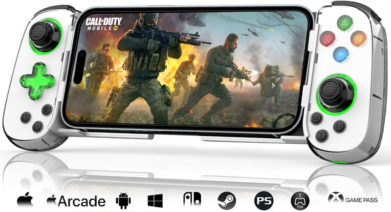 وحدة تحكم ألعاب الهاتف لأجهزة iPhone/Android/PC/Switch، لتشغيل COD وGenshin، ودعم البث على PS5/Xbox/PC Console، وألعاب السحابة اللاسلكية لعصا التحكم، مع Turbo/6-Axis Gyro/Dual Motor، ضوء أخضر، باللون الأبيض - Image 1