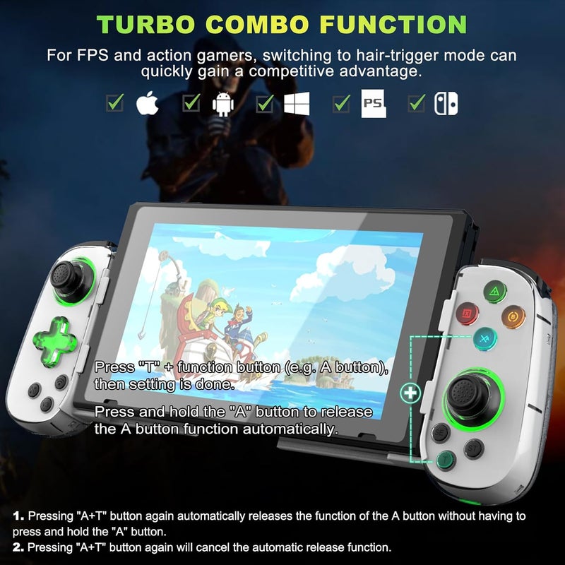وحدة تحكم ألعاب الهاتف لأجهزة iPhone/Android/PC/Switch، لتشغيل COD وGenshin، ودعم البث على PS5/Xbox/PC Console، وألعاب السحابة اللاسلكية لعصا التحكم، مع Turbo/6-Axis Gyro/Dual Motor، ضوء أخضر، باللون الأبيض - Image 4