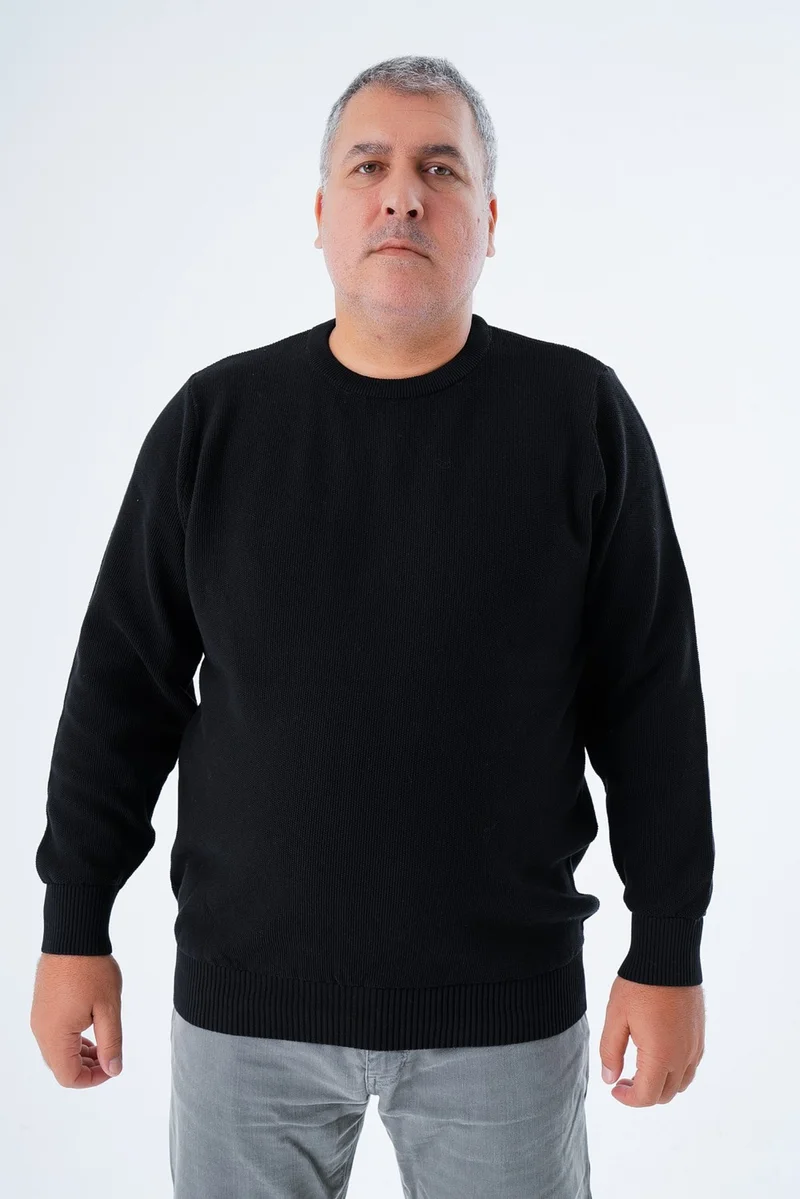Trist Star Large Size Men's Black Crew Neck Rice Knit Cotton Knitwear Sweater TRIST-2112