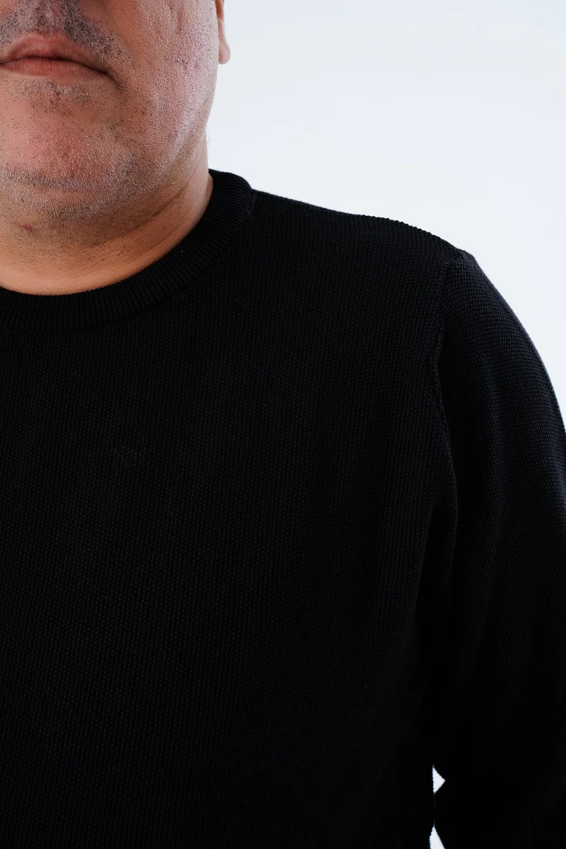 Trist Star Large Size Men's Black Crew Neck Rice Knit Cotton Knitwear Sweater TRIST-2112
