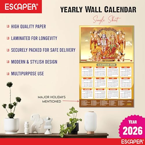 ESCAPER Ram Darbar Religious Wall Calendar 2026 – 12 x 18 Inch, Laminated Hindu Calendar with Indian Holidays, Spiritual Wall Decor for Home, Office & Temple - Image 2