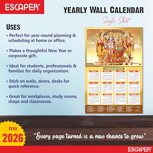 ESCAPER Ram Darbar Religious Wall Calendar 2026 – 12 x 18 Inch, Laminated Hindu Calendar with Indian Holidays, Spiritual Wall Decor for Home, Office & Temple - Image 3