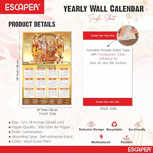 ESCAPER Ram Darbar Religious Wall Calendar 2026 – 12 x 18 Inch, Laminated Hindu Calendar with Indian Holidays, Spiritual Wall Decor for Home, Office & Temple - Image 4