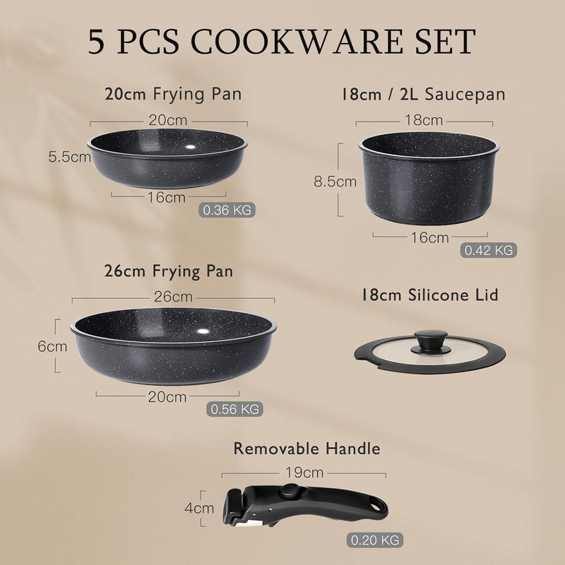 GIPP Ceramic Coating Pots and Pans Set Non Stick, Detachable Handle Cookware Sets, Non Toxic Induction Kitchen Pot and Pan with Removable Handle, Healthy RV Cookware, Dishwasher ＆Oven Safe, 5Pcs Grey - Image 2