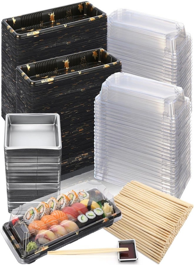 Yiyiring 100 Set Sushi Containers with Lids, 9.5" Bamboo Chopsticks & Soy Sauce Dishes, Disposable Takeout Trays, Charcuterie Boxes for Sandwich, Cookie or Muffin Food Display(8.5 x 3.5 x 1.7 Inch) - Image 1