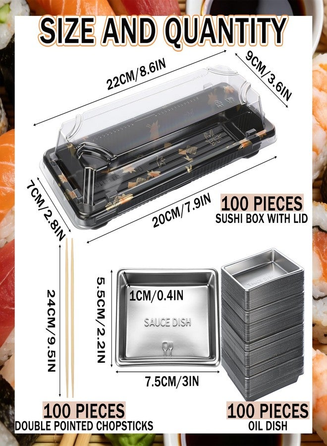 Yiyiring 100 Set Sushi Containers with Lids, 9.5" Bamboo Chopsticks & Soy Sauce Dishes, Disposable Takeout Trays, Charcuterie Boxes for Sandwich, Cookie or Muffin Food Display(8.5 x 3.5 x 1.7 Inch) - Image 2