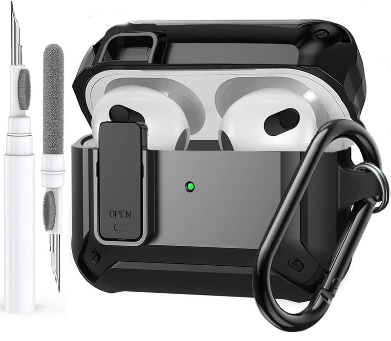 Olytop AirPods 3rd Generation Case with Lock Lid, Full-Body Rugged AirPod Gen 3 Shockproof Case Armor Protective Skin Cover Men with Carabiner for iPod Airpods 3rd Gen-Black - Image 1
