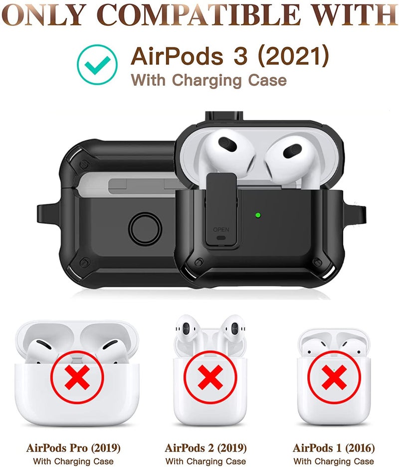Olytop AirPods 3rd Generation Case with Lock Lid, Full-Body Rugged AirPod Gen 3 Shockproof Case Armor Protective Skin Cover Men with Carabiner for iPod Airpods 3rd Gen-Black - Image 2