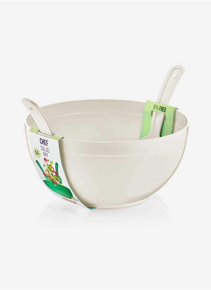 Dunya Plastik - Large salad and fruit BPA free mixing bowl with spoon and fork for mixing salad fruits and pasta 5500 ml 13L*27W cm white - Image 1