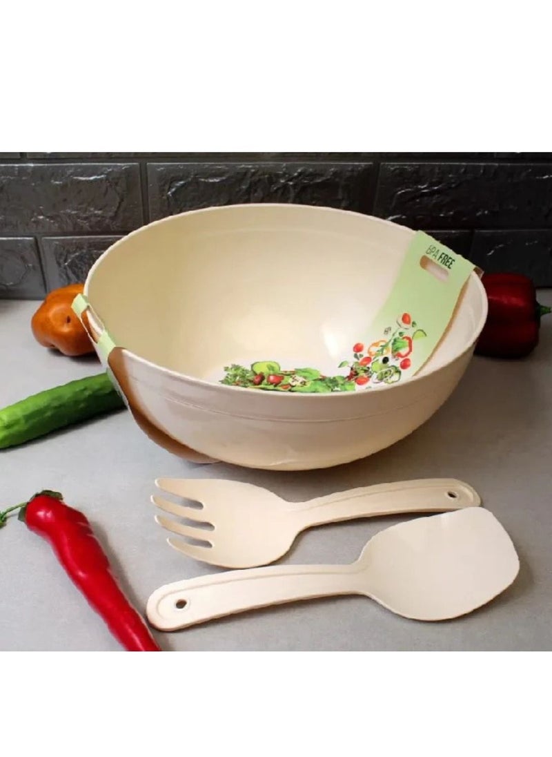 Dunya Plastik - Large salad and fruit BPA free mixing bowl with spoon and fork for mixing salad fruits and pasta 5500 ml 13L*27W cm white - Image 1