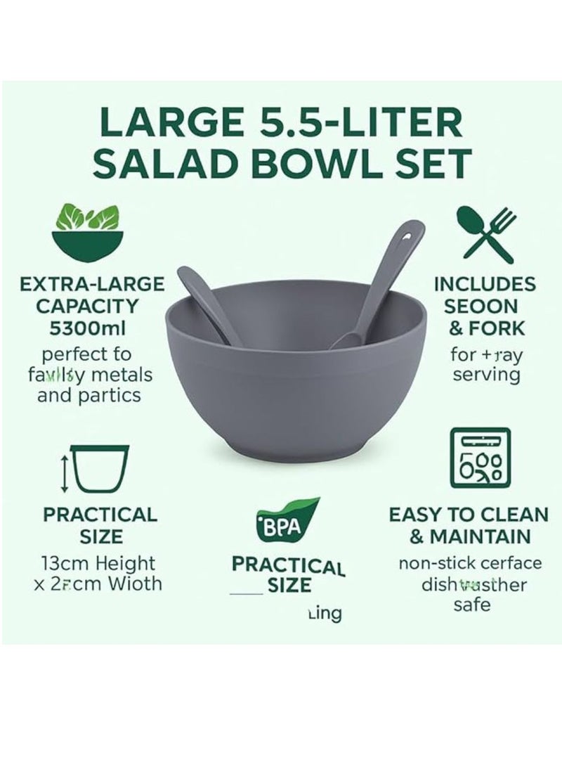 Dunya Plastik Large salad and fruit BPA free mixing bowl with spoon and fork for mixing salad fruits and pasta 5500 ml 13L*27W cm white - Image 4