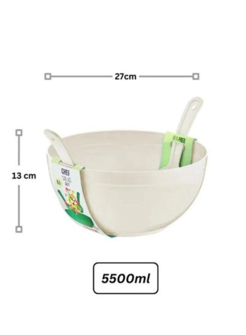 Dunya Plastik Large salad and fruit BPA free mixing bowl with spoon and fork for mixing salad fruits and pasta 5500 ml 13L*27W cm white - Image 3