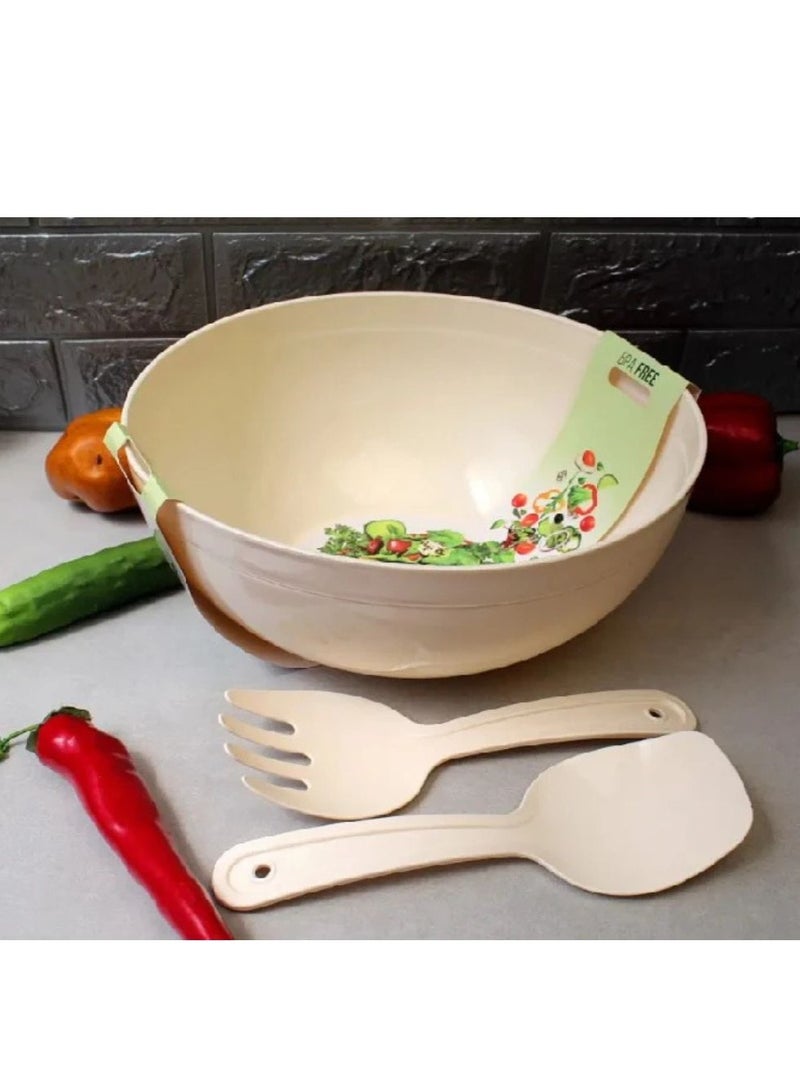 Dunya Plastik Large salad and fruit BPA free mixing bowl with spoon and fork for mixing salad fruits and pasta 5500 ml 13L*27W cm white - Image 2